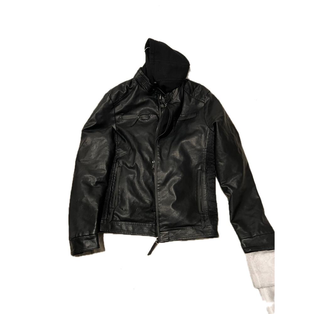 Fried Denim Faux Leather Hooded Bomber Jacket Mens Med